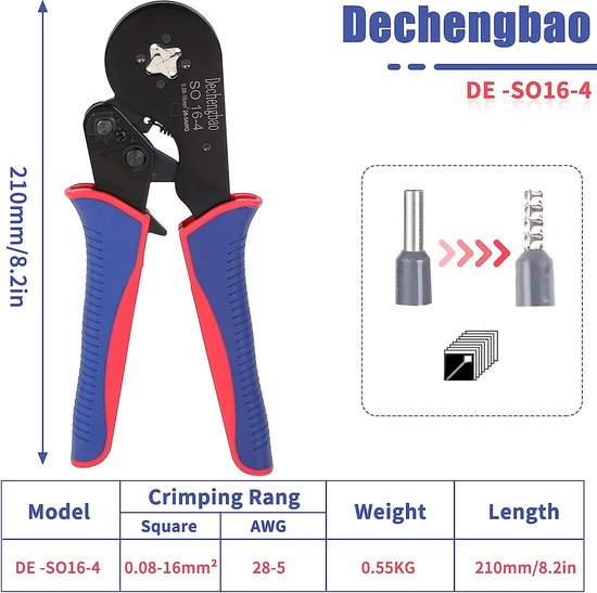 Krimptang voor adereindhulzen, 16-4, vierkante koppeling, AWG 30-5 (0.08-16 mm²), adereindhuls-krimptang, ratelkrimpgereedschap