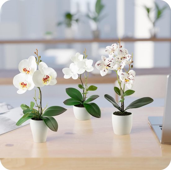 Kunstbloemen in potten (36cm) - set van 3 orchideeën kunstmatig op elkaar afgestemd arrangement in hoogglans keramische potten, decoratieve kunstbloemen, kunstorchideeën (wit arrangement)