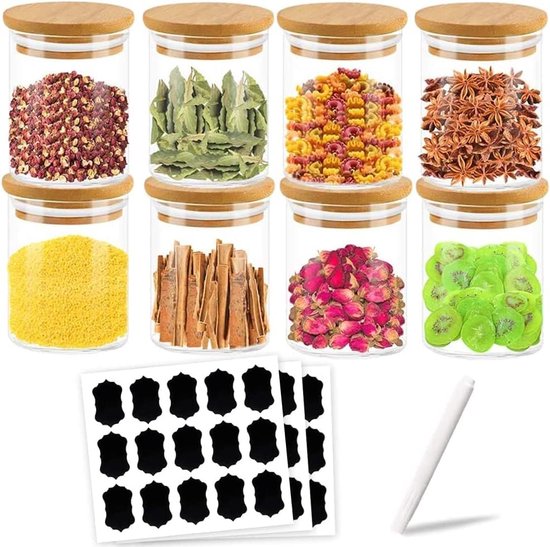 Voorraaddozen, set van 8 voorraaddozen, glas, kruidenpotjes, luchtdicht, glazen potjes met deksel, set voorraaddozen, glas, opslag, keuken, tea, kruidenpotjes, 8 x 200 ml