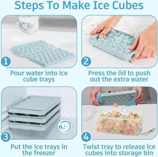 Mini-ijsblokjesvorm, ronde ijsblokjesvorm met deksel, 1 x 99 stuks kleine ijsblokjes, ijsblokjeshouder, ijsblokjesvorm met ijshouder en ijstang voor bier, cocktails, whisky, koffie, blauw