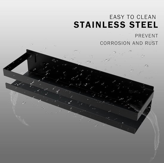 Doucheplank, zwart, douchegelhouder, doucheplank, doucheplank, douchemand, zonder boren, shampoohouder voor douche, zwart, mat, roestvrij staal, 30 cm