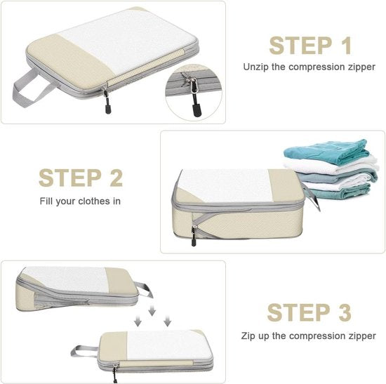Kofferorganizerset, 4-delig, Packing Cubes, waterdichte reis-kledingtassen, paktassen voor koffer, verpakkingskubus met make-uptas, schoenentas (beige)