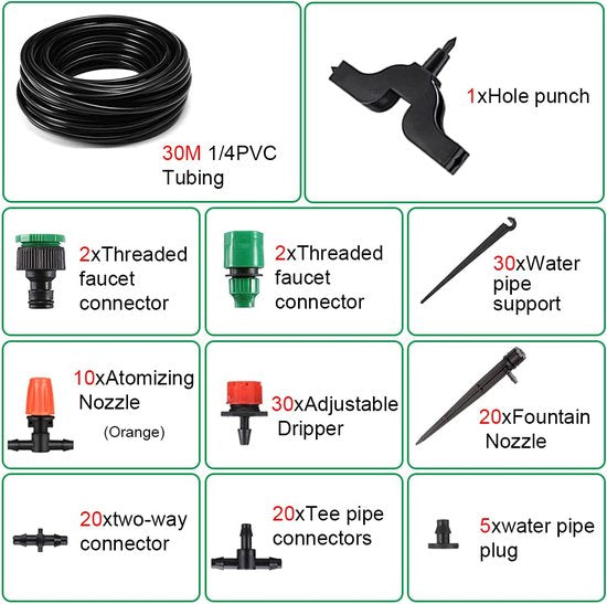 irrigatiesysteem voor de tuin, 30 m irrigatiebuizen, doe-het-zelf, automatic druppelirrigatie, irrigatieset, planen, micro-druppel, 1/4 inch slang, sproeisproeikoppen voor tuinirrigatie