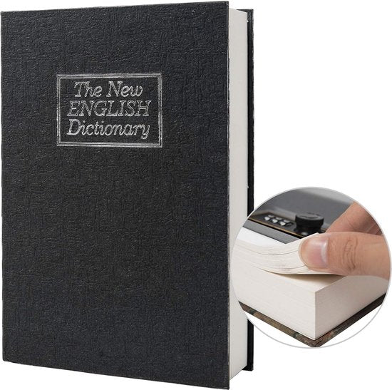 Echt papieren transferboek, veilig voor sieraden, geld en contant geld, hol met verborgen vak, sleutel en cijferslot (wachtwoordblokkering, zwart woordenboek)