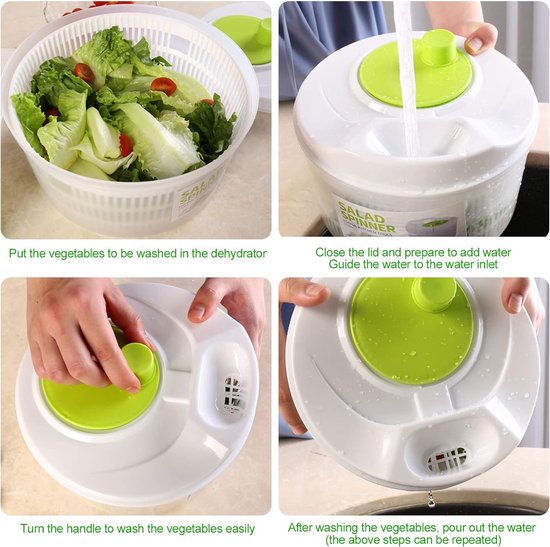 Slacentrifuge met deksel, slacentrifuge met slingeraandrijving en 3 liter slakom en zeef, keukenhulp saladedroger voor het wassen en drogen van salade, groenten en fruit (22,5 cm x 15 cm)