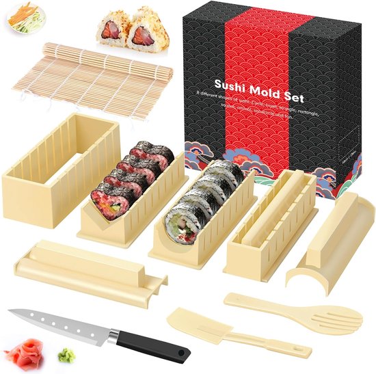 Sushi Maker Kit All In One Sushi-set 12 stuks complete sushi making tool met 8 verschillende vormen van sushi rijstrolvorm DIY huis sushi tool off (wit)