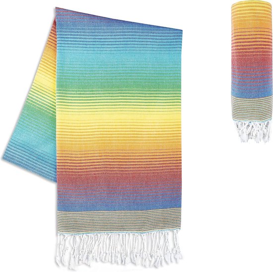 Premium hamamdoek met handgeknoopte franjes, 100% katoen, XXL strandhanddoek, 100 x 200 cm, Oeko-TEX 100, grote strandhanddoek, saunahanddoek en reishanddoek (regenboog)