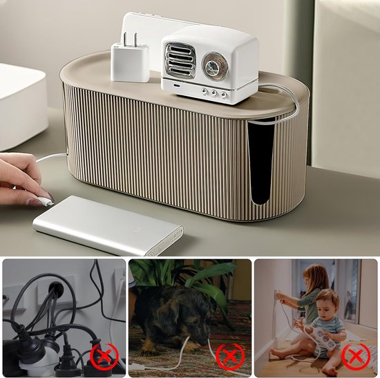 kabelbox, organizer, box met deksel, kabelmanagement, ABS-kunststof, kabelmanagement, box, multifunctionele overspanningsbeveiliging voor kabelstrips, bruin