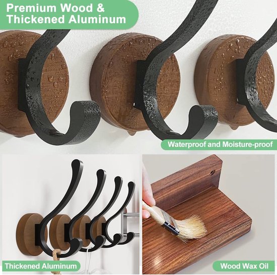 Set van 4 kapstokhaken, wandhaken, houten kapstokhaken, enkele hoeden, sleutels, handdoeken, badjassen, portemonnees, decoratieve woonkamer, badkamer, slaapkamer, kledingkast
