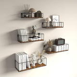 Set van 5 wandplanken, zwevende planken met zwarte metalen staven en bruine houten plank, rustieke plankenwand voor keuken, badkamer, slaapkamer, woonkamer en kantoor (verticale lijn)