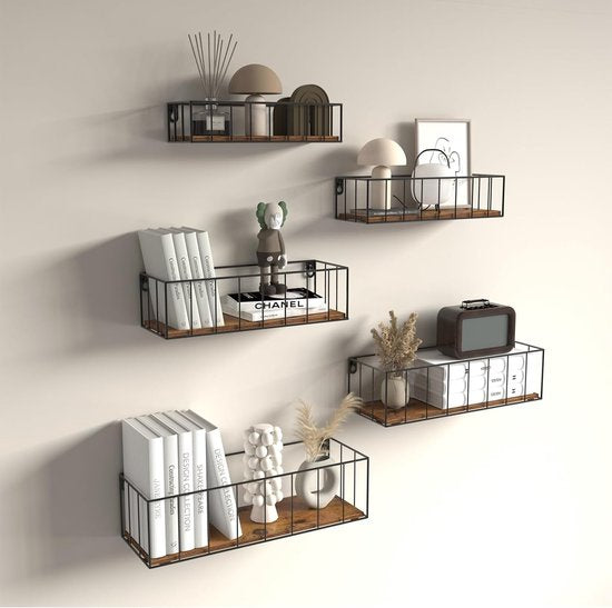 Set van 5 wandplanken, zwevende planken met zwarte metalen staven en bruine houten plank, rustieke plankenwand voor keuken, badkamer, slaapkamer, woonkamer en kantoor (verticale lijn)