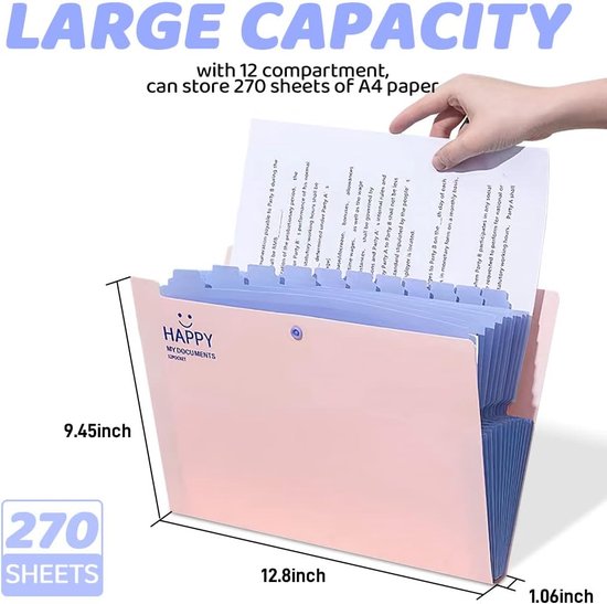 Documentenmap, A4-map, vakken map, hoge capaciteit, uitbreidbaar, gemakkelijk te dragen, met drukknop en 12 vakken, voor thuis of op kantoor, documenten (roze)