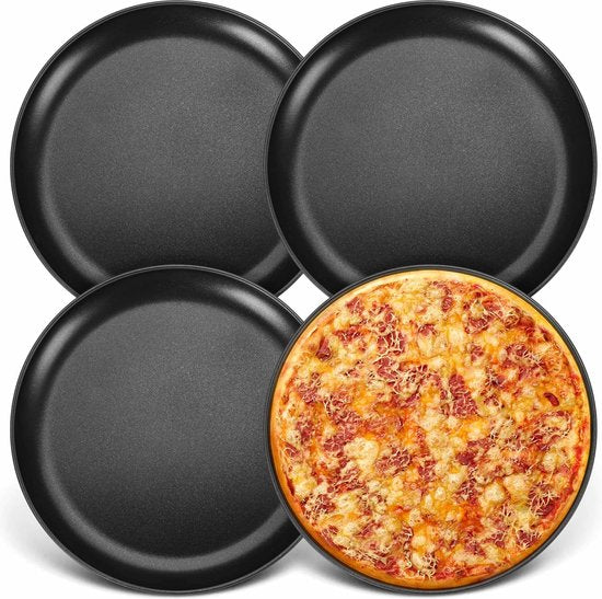 Pizzablek set van 4, diameter 30 cm, roestvrij staal, pizzaform met antiaanbaklaag, zwart, rond, bakplaat, ovenplaat voor bakken en serveren, gezond en durzaam, gelijkmatige hitte en