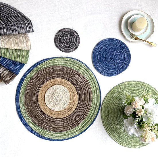 Gevlochten placemats, wasbare placemats, ook als onderzetters, koffiemat, ronde antislip placemats, eettafel, Europese stijl, natuurlijk materiaal, handgeweven stoffen placemat (blauw-30cm-6st.)