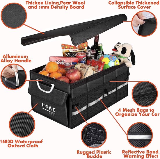 Kofferbaktas, kofferbakorganizer met deksel, auto-kofferbakorganizer, autotas, kofferbak, box, praktisch, waterdicht, antislip, opvouwbaar, met aluminium handgrepen, reflecterende strepen