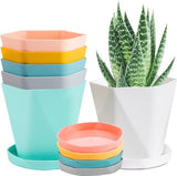 6 stuks kunststof bloempotten, 13 cm, kleurrijke bloempot, zaailingplant met wortelcontrole, tuinpotten in Scandinavische stijl, met schotel, voor bloemen, kruiden, vetplanten, cactussen (6 kleuren)