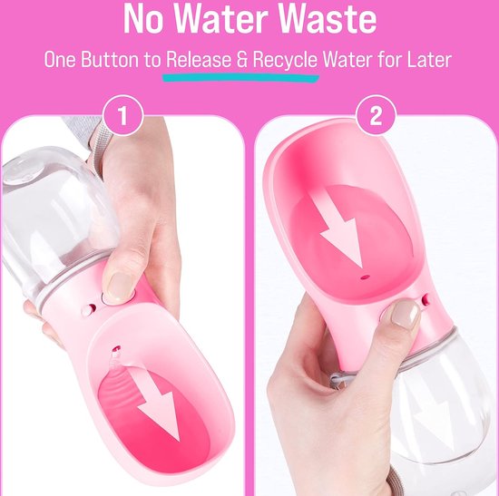 Hondenwaterfles, lekvrije draagbare puppy-waterdispenser met automatische voerbak voor huisdieren buiten, wandelen, reizen, voedselveilig plastic (350 ml, roze)
