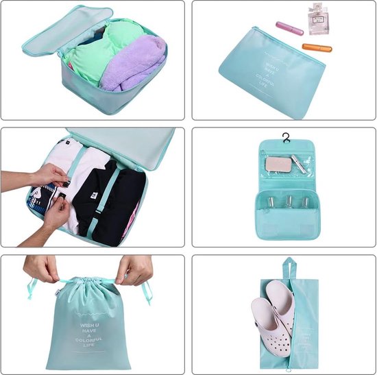 Kofferorganizerset, 8-delig, verpakkingsblokjes, waterdichte reiskledingzakken, inpakzakken voor koffer, kofferorganizer, reistas met make-uptas, schoenentas, USB-kabeltas (lichtblauw)