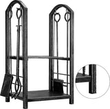 Brandhoutrek met 4 open haardgereedschappen 74 x 40 x 30 cm brandhoutstandaard voor binnen en buiten gebruik brandhouthouder houten plank voor open haard kachel bestek smeedijzer antiek zilver