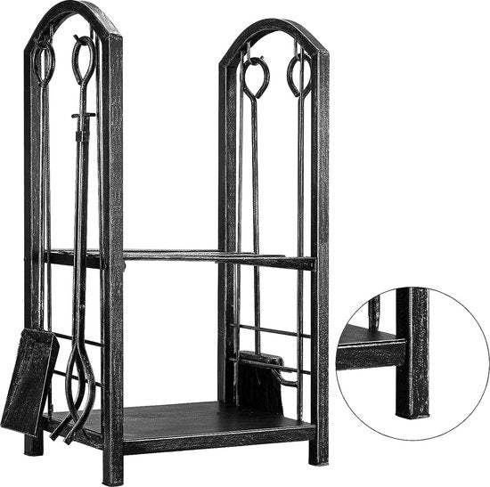 Brandhoutrek met 4 open haardgereedschappen 74 x 40 x 30 cm brandhoutstandaard voor binnen en buiten gebruik brandhouthouder houten plank voor open haard kachel bestek smeedijzer antiek zilver