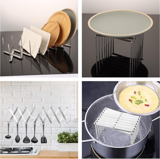 Set van 4 verstelbare potdekselhouders, roestvrijstalen dekselhouder, bordenhouder, multifunctionele spareribhouder, bordenstandaard voor keukengrill, 9 cm - 84 cm, in lengte verstelbaar