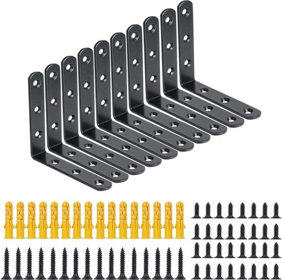 Planksteunframe zwart hoge prestaties 10 stuks wandhouder voor planken, roestvrij stalen hoekhouder, L-vormig zwart 100 x 100 mm