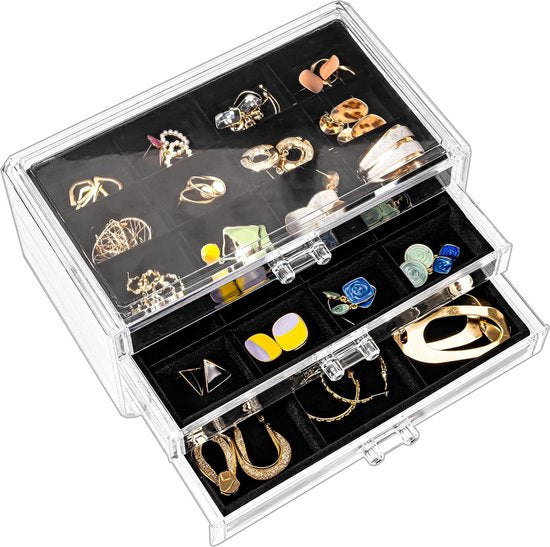 Acryl Sieraden Organizer Sieradendoos voor Dames Duidelijke Sieradenopslag Sieradendoos Sieradendoos met 3 Laden voor Oorbellen, Ringen, Armbanden - Zwart