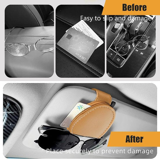 Brillenhouder voor in de auto, 2-pack lederen zonnebrillenhouder Universele zonnebril Brillenhouder met kaartkaartclip voor autovizier Kleine brillenhouder (beige-geel)