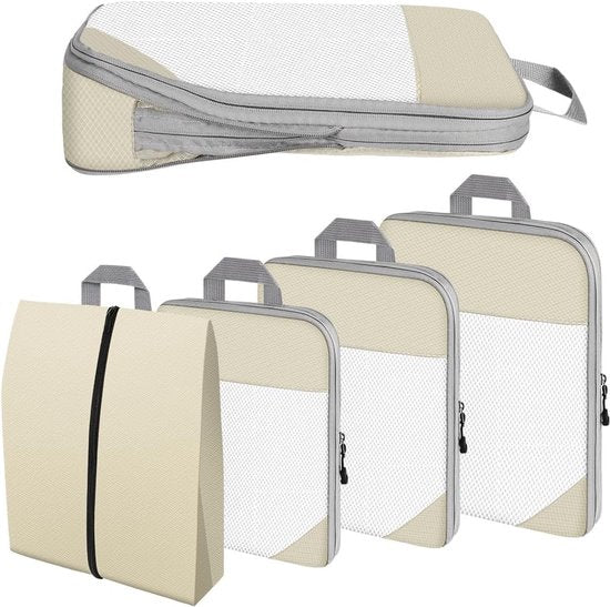 Kofferorganizerset, 4-delig, Packing Cubes, waterdichte reis-kledingtassen, paktassen voor koffer, verpakkingskubus met make-uptas, schoenentas (beige)