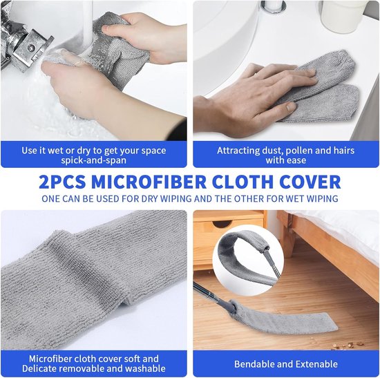 Telescopische plumeau Wasbare stofmop met 4 wasbare doeken, telescopische reiniger, telescopische plumeau, lange uitschuifbare plumeau voor slaapbank, meubelvloer, huishoudspleetstof