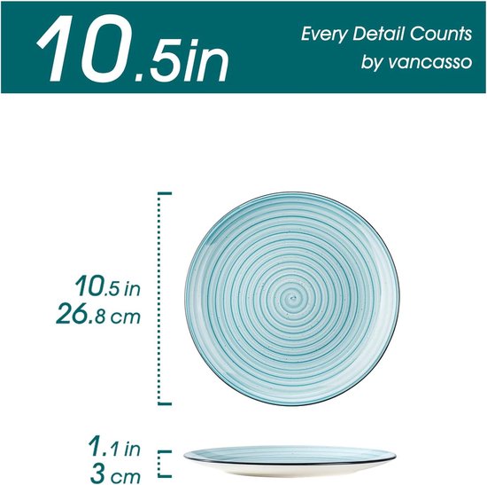 steengoed dinerbord, dinerbordenset voor 6 personen, diameter 26,8 cm, bordenset, servies voor vaatwasser en magnetron, pastabord, ontbijtbord, taartbord, blauw