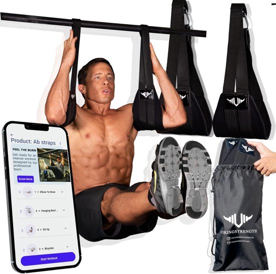Buiklussen - Premium gevoerde trainingsapparatuur voor thuis en in de sportschool, 1 paar voor optrekstang - Beenophanging + V-Stength Workout-app