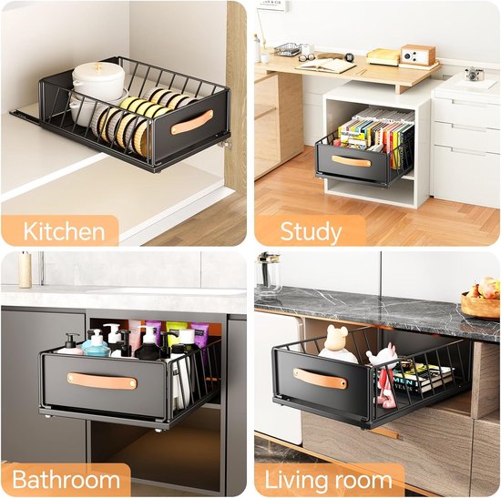Telescopische lade, uitschuifbare lade voor kast, metalen uitschuifbare organizer met handvat, keukenopbergplank met nano-kleefbanden, mandlade voor kast, 40 x 15,5 x 30 cm, zwart