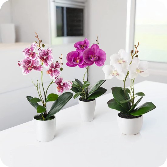 Kunstbloemen in potten: set van 3 orchideeën, kunstmatig op elkaar afgestemd arrangement in hoogglans keramische potten - hoogte 35 cm, kunstbloemen, kunstorchideeën (wit-roze)