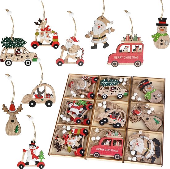 27 Pieces Christmas Party Decorations: Hanging Christmas Tree Ornaments, Wooden Christmas Ornaments, Hanging Decoration for Christmas Tree, Fireplace, Includes Car, Elk, Snowman, Santa Claus