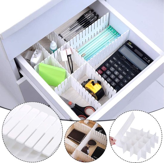 Ladeverdeler, ladeverdeler, 16 stuks, verstelbare ladeverdeler, opbergsysteem, wit, scheidingswanden, verstelbaar voor kast, ondergoed, sokken, doe-het-zelf bureau-organizer