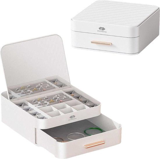 Sieradendoosje met spiegel, laden en fluwelen voering, ideaal voor oorbellen, halskettingen, ringen, damescadeau, zonnebril, brillenopslag