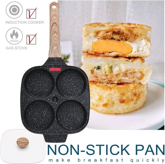 Non-Stick Egg Frying Pan, Pancake Pan with Lid, 4-Hole Aluminium Pan for Breakfast Fried Eggs or Burgers, for Induction Hobs and Gas Hobs