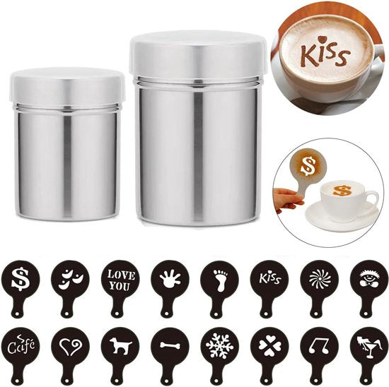 RVS poederstrooier, 2 stuks chocoladestrooier, cacaostrooier voor cappuccino, poedersuikerstrooier, poedersuikerstrooier, poedersuikermolen, cacaostrooier, schudbeker met deksel, meelstrooier, meelzeef