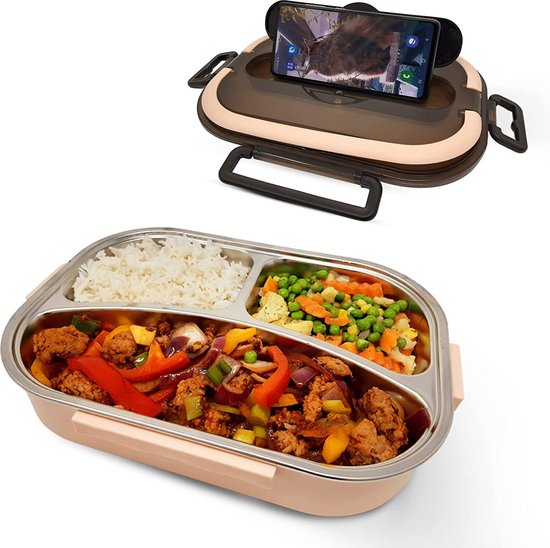 lunchbox met roestvrijstalen vakken, bestekvak en handvat, Bento Box, broodtrommel, warmhoudbox voor eten, etensbox, ontbijtbox, levensmiddelencontainer, vaatwasmachinebestendig