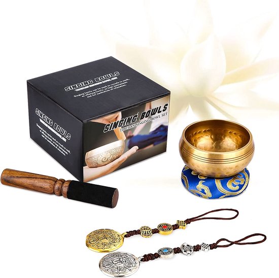 UNIDEAL Tibetaanse klankschaalset, Singing Bowl uit Tibet met klepel en klankschaalkussen, wordt geleverd met 2 belofte koperen ornamenten, handgemaakt in Nepal, voor yoga meditatie, ontspanning