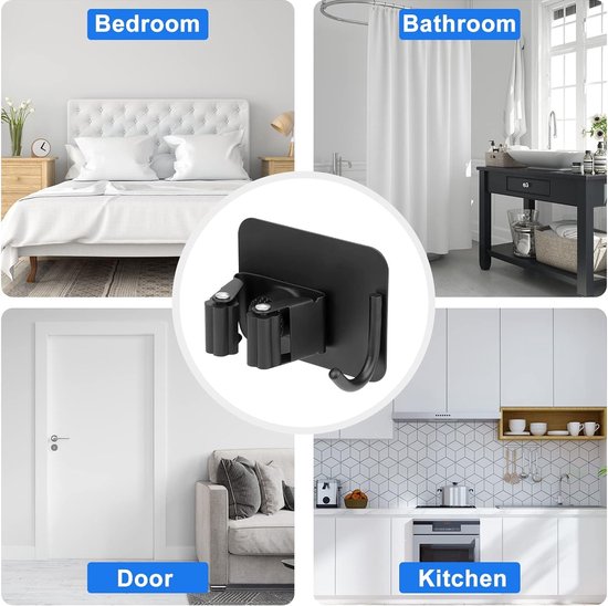 Bezemhouder, wandhouder, zelfklevend, bezemhouder, tuingereedschaphouder enz., voor binnen- en buitenlichaam, roestvrij staal, onafhankelijke doorn met haken (4 stuks), zwart