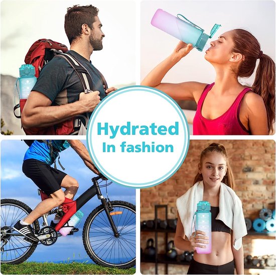 Drinkfles met verwijderbare infusie en tijdmarkering, 1 liter, BPA-vrij, Sport drinkfles, 1 liter, Lekvrij, sportwaterfles voor Fiets, camping, yoga, gym, buiten, school (groen / roze)