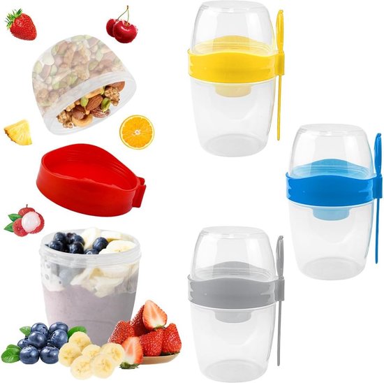 4 stuks mueslibekers passend bij lepel & Vorkset Yoghurt Cup to Go Lekvrije Yoghurt Cup Fruitcontainer Salade Cup Cereal to Go Cup voor Ontbijt BPA-vrij (310ML + 560ML)