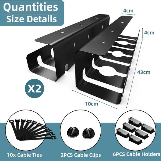 2 stuks kabelgoot, bureau, kabelgeleiding bureau, kabelmanagement, complete set, kabelhouder kabelgoot, tafel, kabelmanagement Under Desk - zwart
