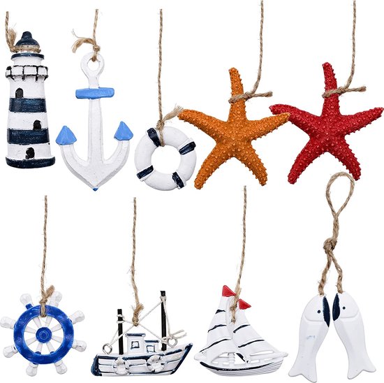 9 stuks maritieme decoratie Badkamer hangend mini strand marine ornament houten boot anker Zeester decoratieve hanger voor mini visnet decoratie