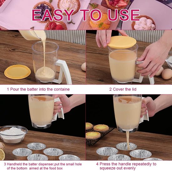 Deegdispenser, deegdispenser, 900 ml, cake, deegdispenser, maatbeker, doseerder, wafels, deegdispenser, deegdispenser, cupcake, speciale batter, bakken, doe-het-zelf gereedschap met deksel