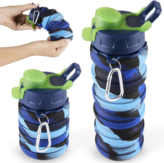Opvouwbare drinkfles, herbruikbare drinkfles, opvouwbaar festival, 500 ml drinkflessen, opvouwbare waterfles, festivals, wandelen, reizen, avontuur, festivalaccessoires (blauw)