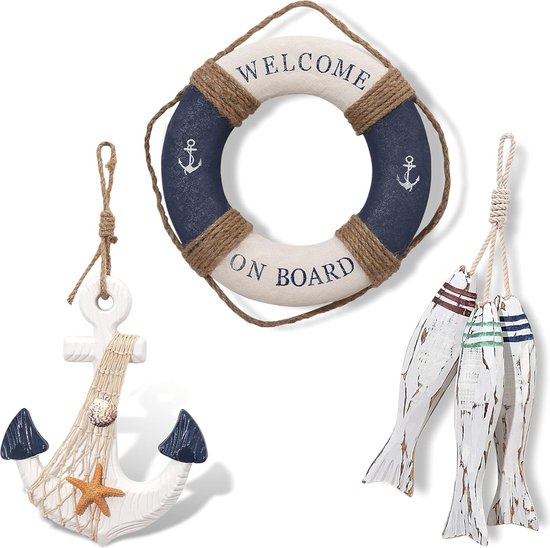 Maritieme badkamer wanddecoratie set van 3 om op te hangen - reddingsring, thermometer en vissen - mooie badkameraccessoires van hout - badkamerdecoratie voor muur, deur en raam - met sisal koord