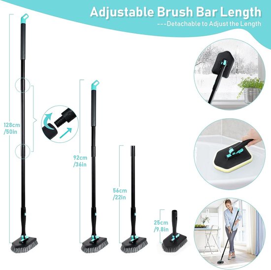 3-in-1 badschrobmachine met 50 inch lange steel - 180° roterende reinigingsborstel Badkamer met 4 verwisselbare koppen, badkamerschrobmachine Tegelwisser voor badkamertegels Douchebak Tegelzwaan